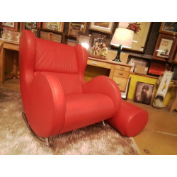 FAUTEUIL ROCKING CHAIR CUIR + POUF